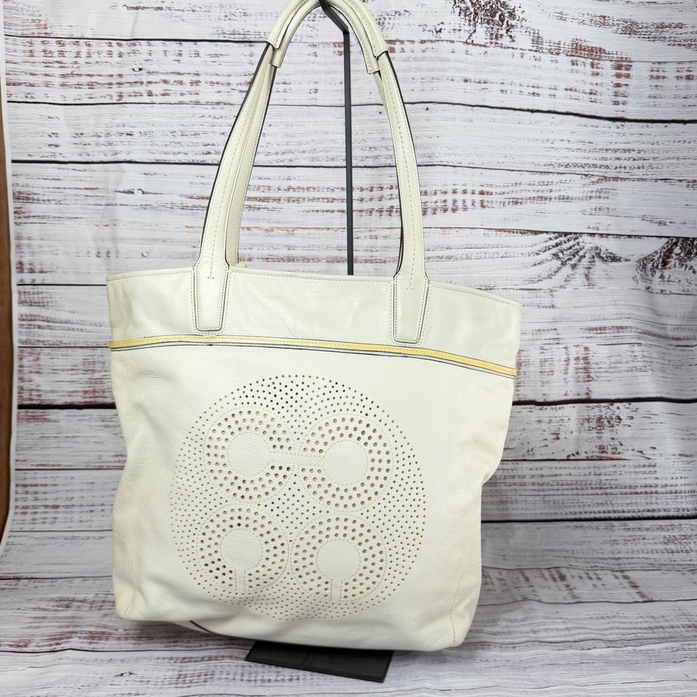 Coach Audrey Leigh Ivory Pebbled Leather Perforated Logo Tote Bag 17041